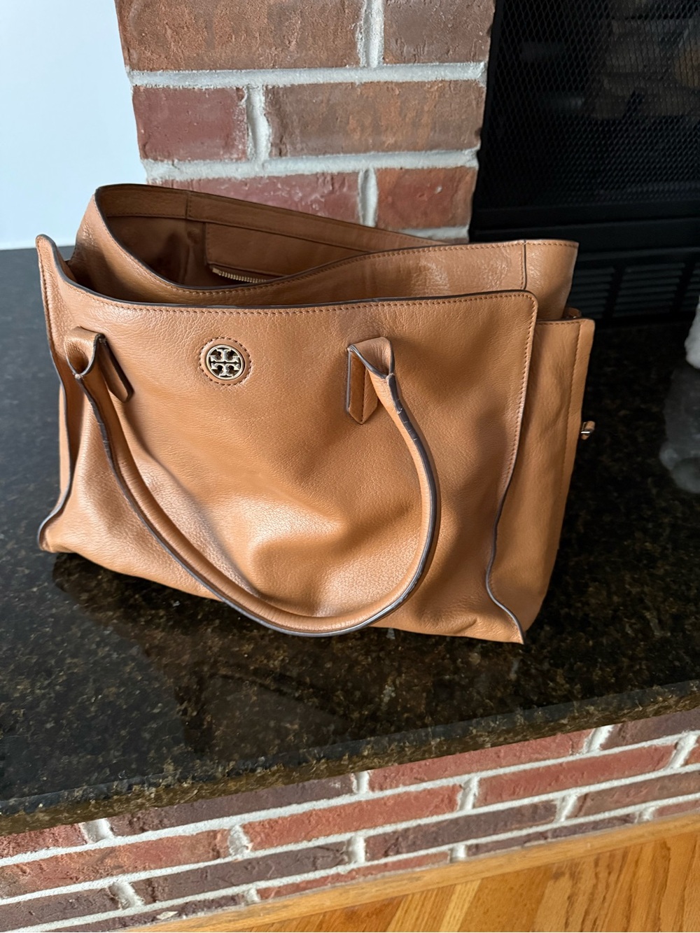 Tory Burch Cognac Pebbled Leather Tote with Logo Medallion